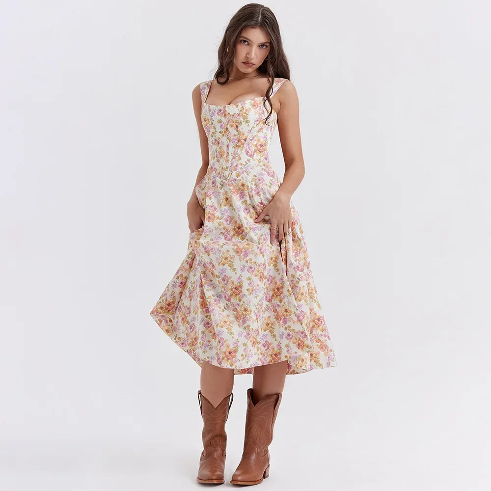 Suninheart Elegant Summer Corset Dress 2024 New Arrivals Blue Slit Flower Print Flare Dress Midi Casual Lace Up Holiday Dress