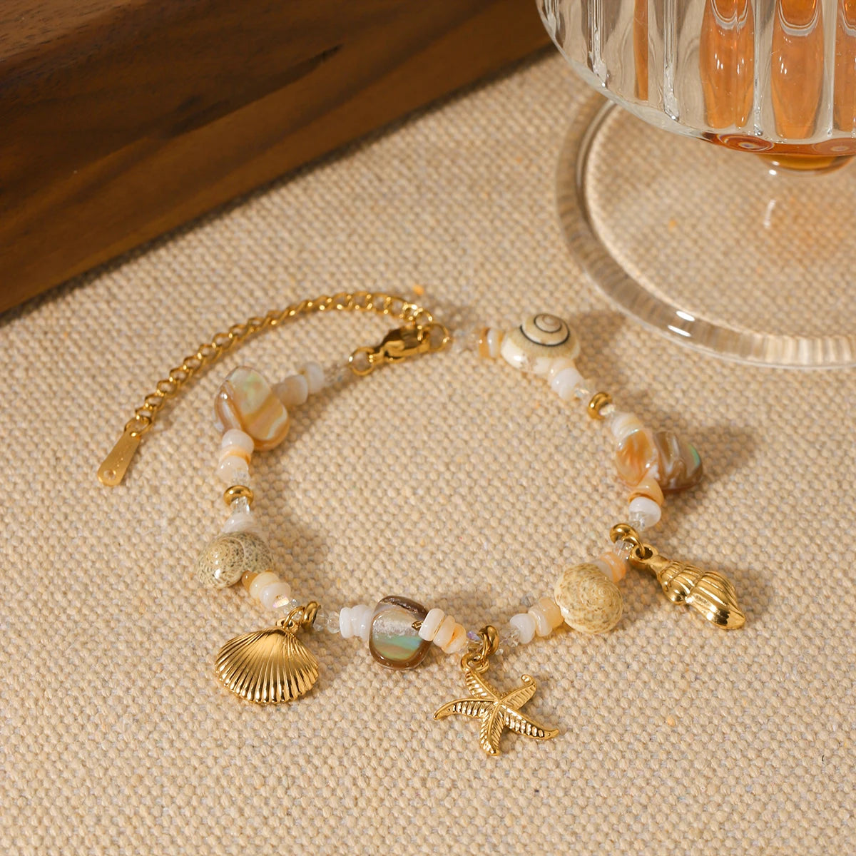 Vintage Real Shell Pendant Bracelet Woman Stainless Steel Adjustable Summer Beach Starfish Conch Hand Chain Jewellery Waterproof