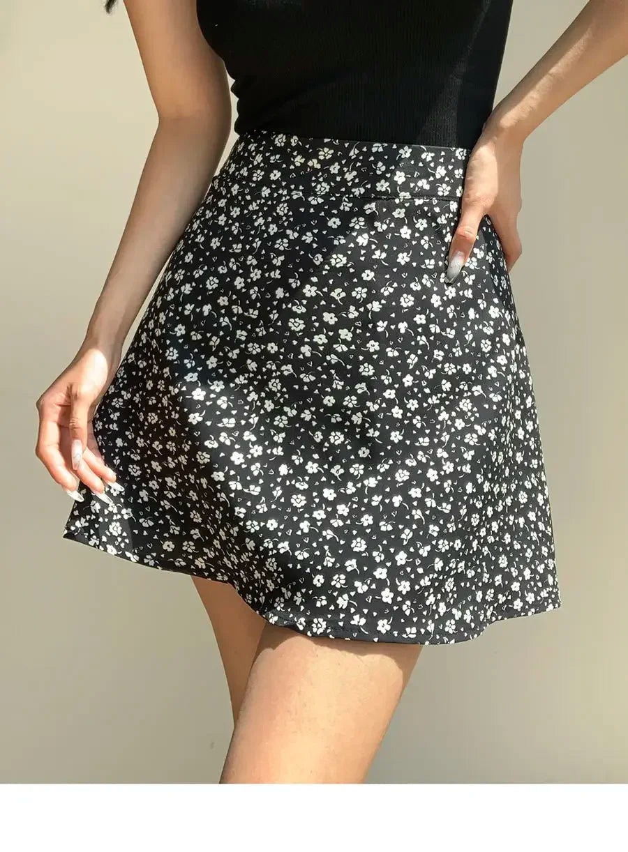 Retro French Girl Floral Skirt Summer Large Size High Waist Long Legs A-line Skirt Popular Vacation Short Skirt Umbrella Skirt