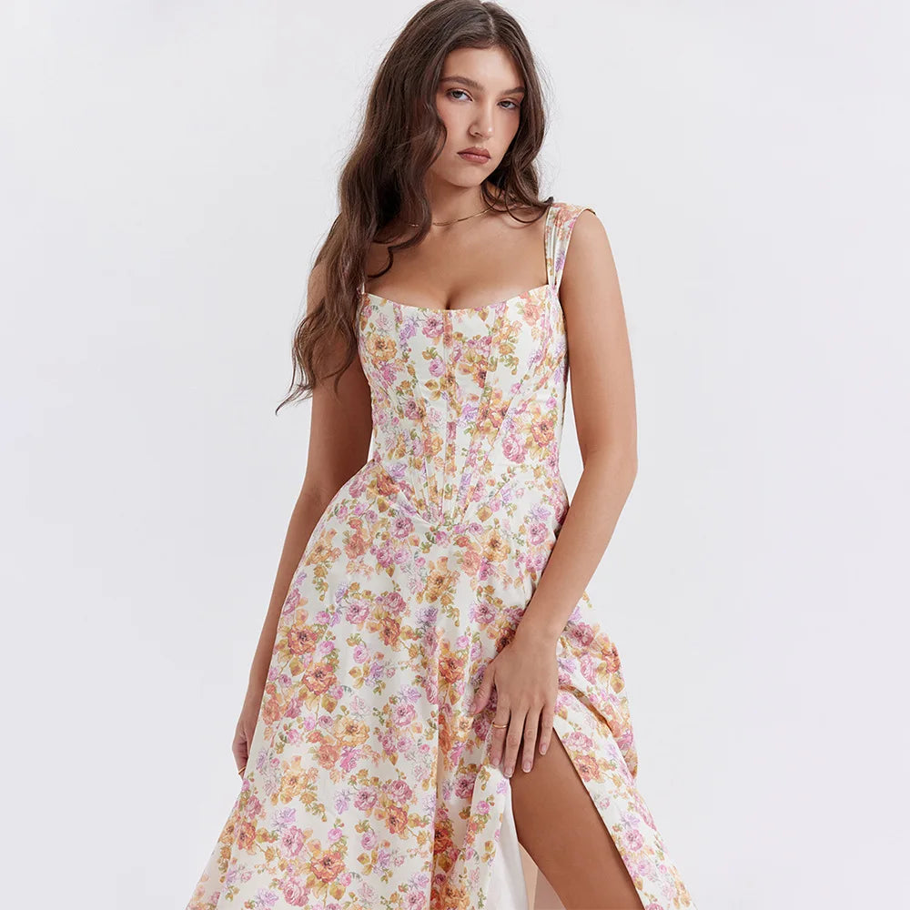 Suninheart Elegant Summer Corset Dress 2024 New Arrivals Blue Slit Flower Print Flare Dress Midi Casual Lace Up Holiday Dress