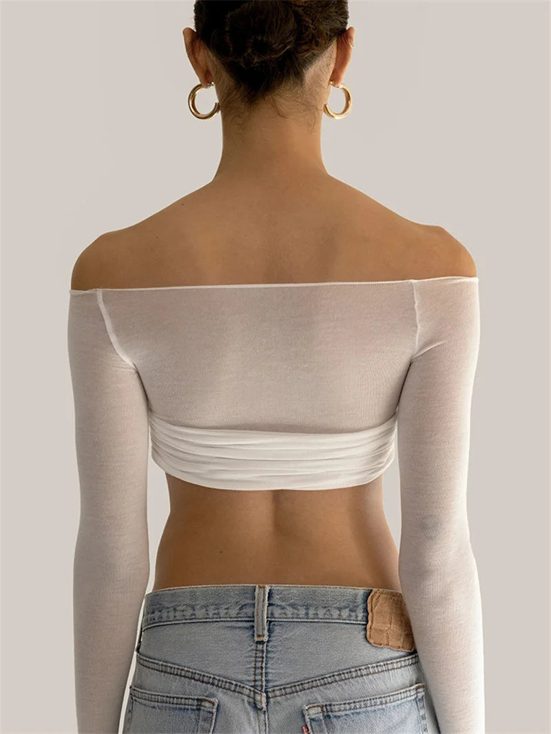 Mozision See Through Mesh Crop Top Women Pullovers Strapless Short Knit Cropped Tops Ladies Tee Shirt Sexy Off-shoulder T-shirt