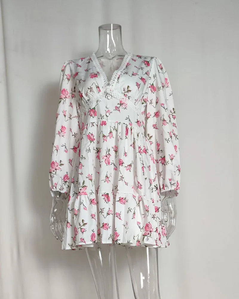 Luxury new elegant sweet print V-neck lace short long sleeve floral dress women