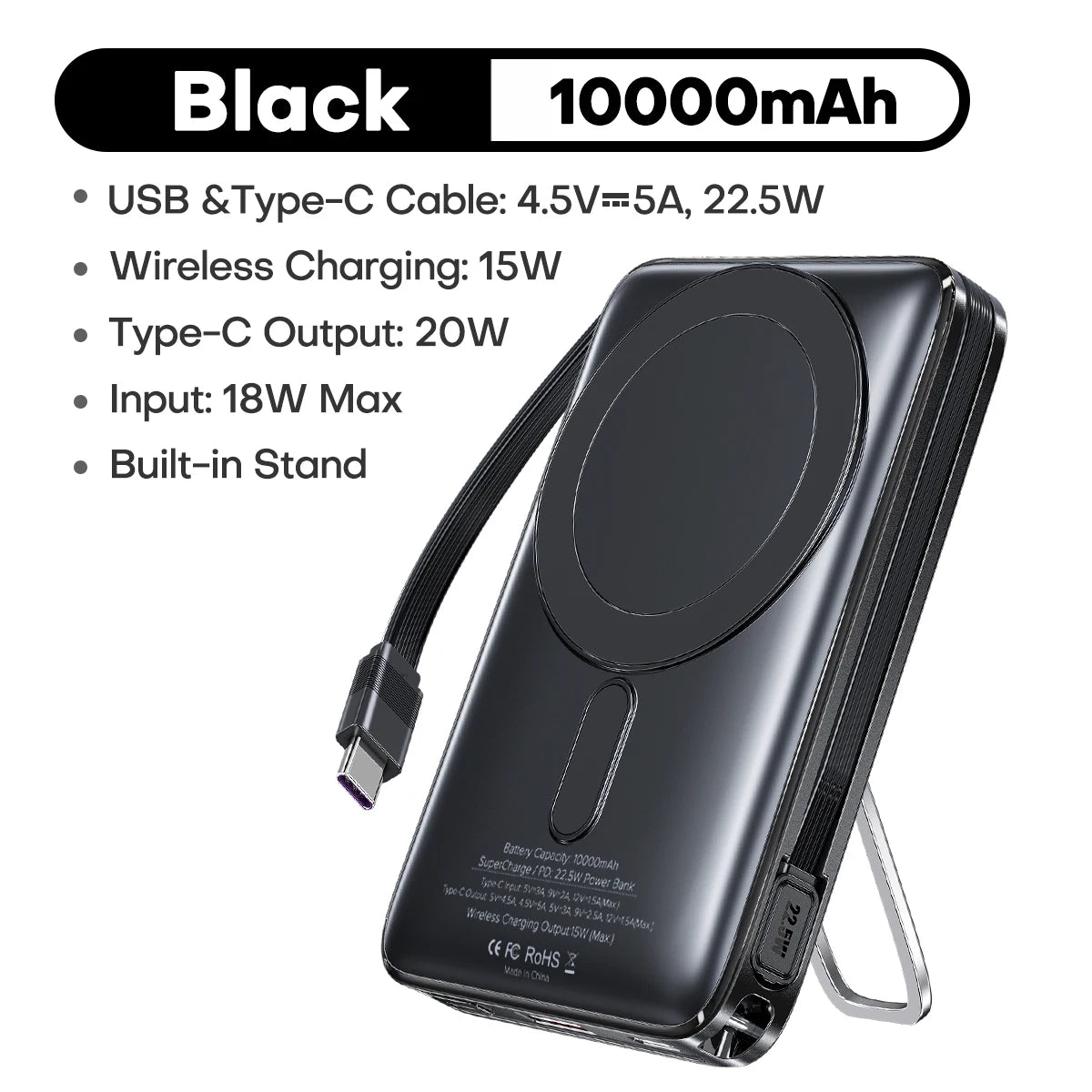 TUODES 22.5W 10000mAh Power Bank Wireless Magnetic Fast Charging Foldable Stand External Battery For iPhone 16 15 For Magsafe
