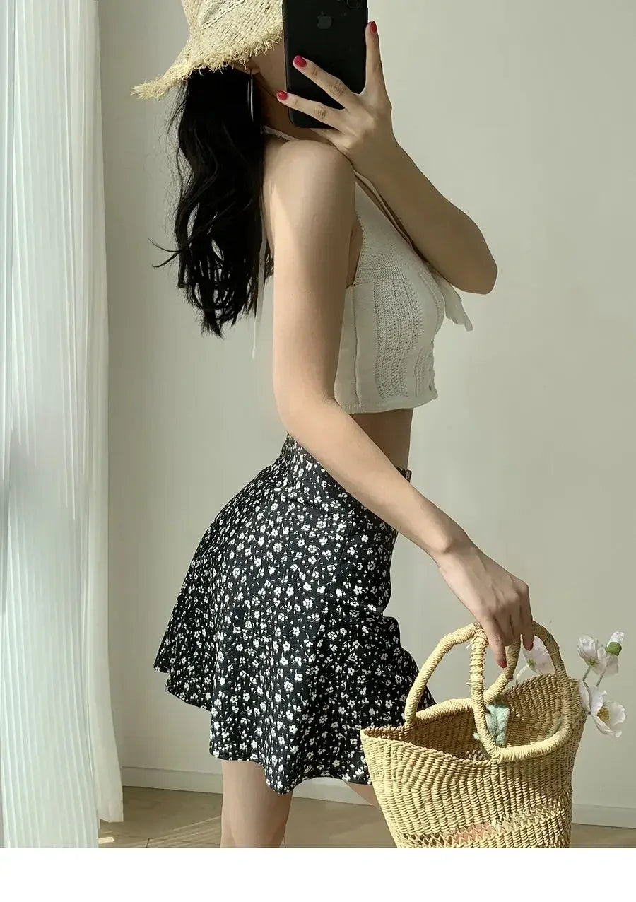 Retro French Girl Floral Skirt Summer Large Size High Waist Long Legs A-line Skirt Popular Vacation Short Skirt Umbrella Skirt