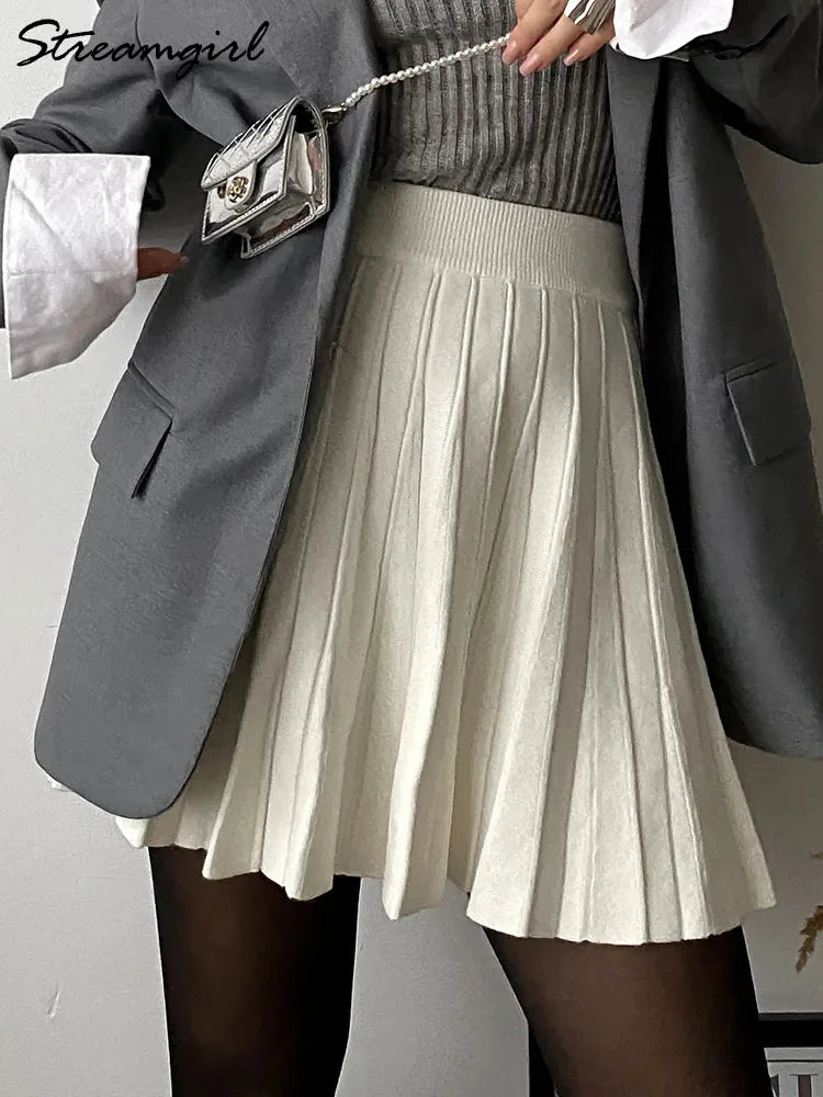 Spring Knit White Mini Pleated Skirts For Women A Line Skirt Gray High Waist Women Knitted Pleated Short Skirts Korean Fashion