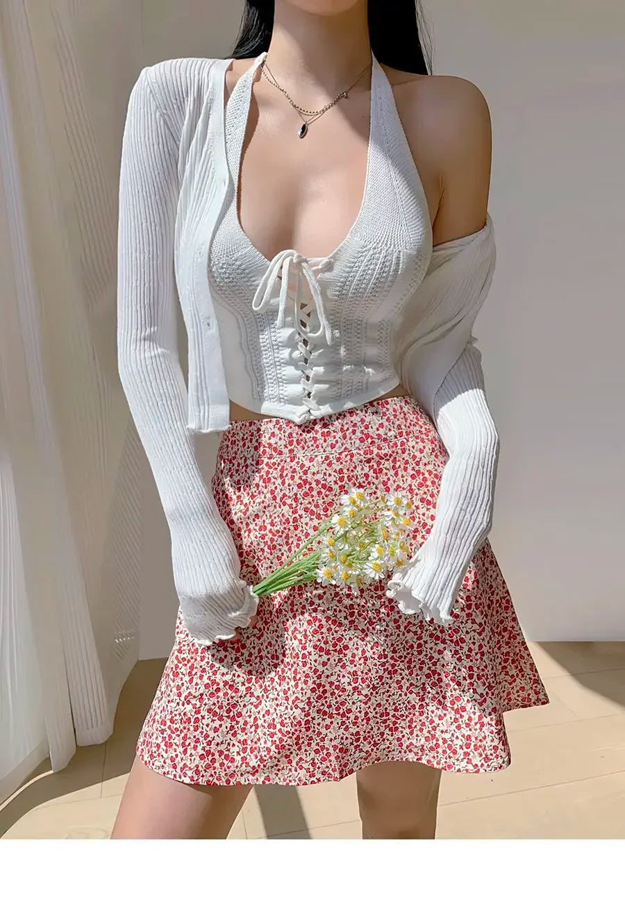 Retro French Girl Floral Skirt Summer Large Size High Waist Long Legs A-line Skirt Popular Vacation Short Skirt Umbrella Skirt