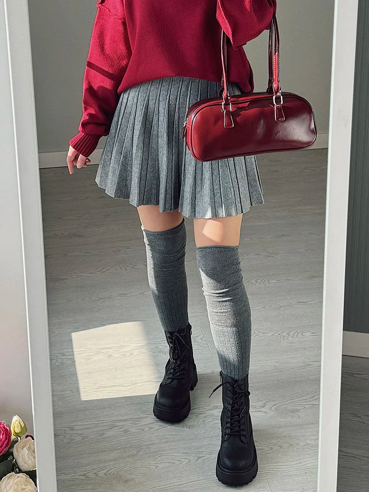 Spring Knit White Mini Pleated Skirts For Women A Line Skirt Gray High Waist Women Knitted Pleated Short Skirts Korean Fashion