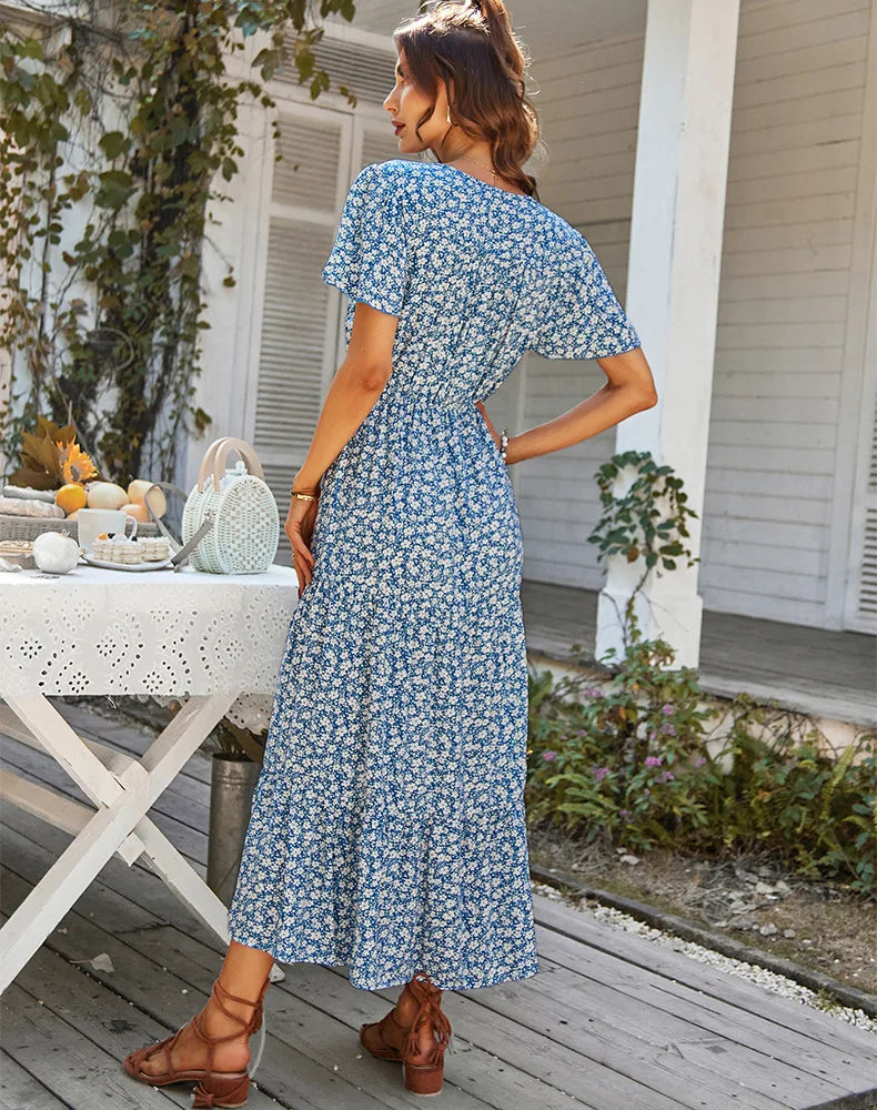 Vintage Floral Dresses for Women Elegant Loose New Slit Dress Summer Beach Holiday Leisure Long Dresses High Waist Print Vestido