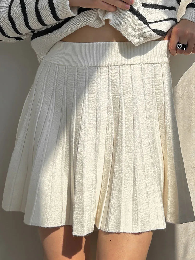 Spring Knit White Mini Pleated Skirts For Women A Line Skirt Gray High Waist Women Knitted Pleated Short Skirts Korean Fashion