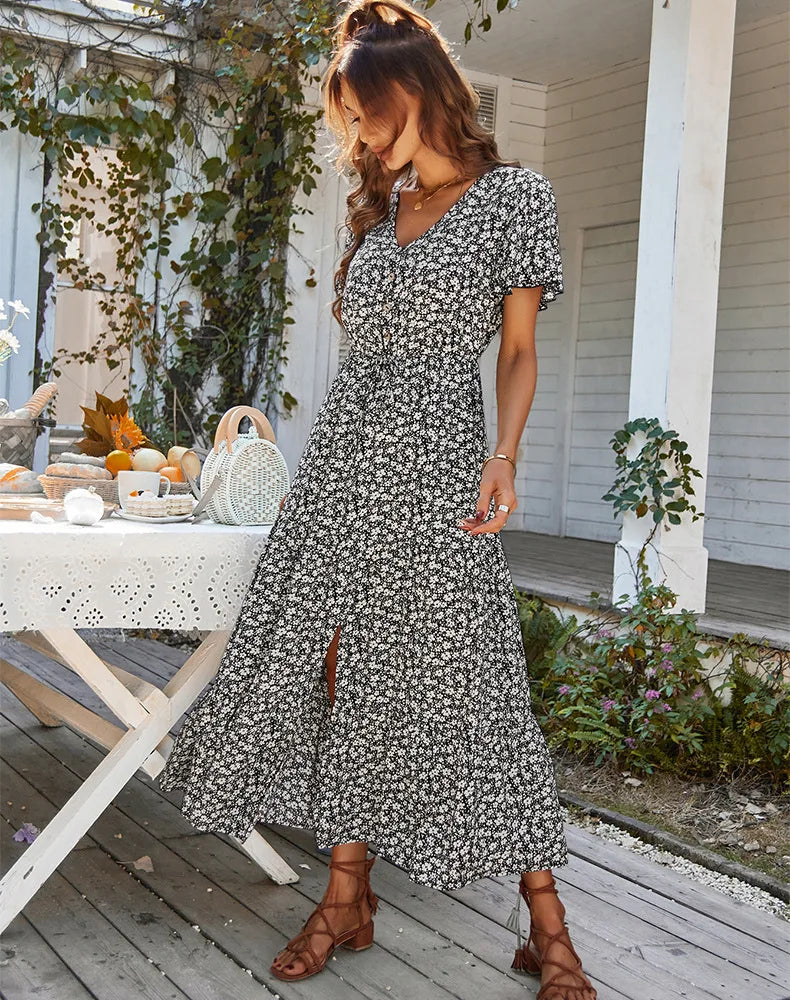 Vintage Floral Dresses for Women Elegant Loose New Slit Dress Summer Beach Holiday Leisure Long Dresses High Waist Print Vestido