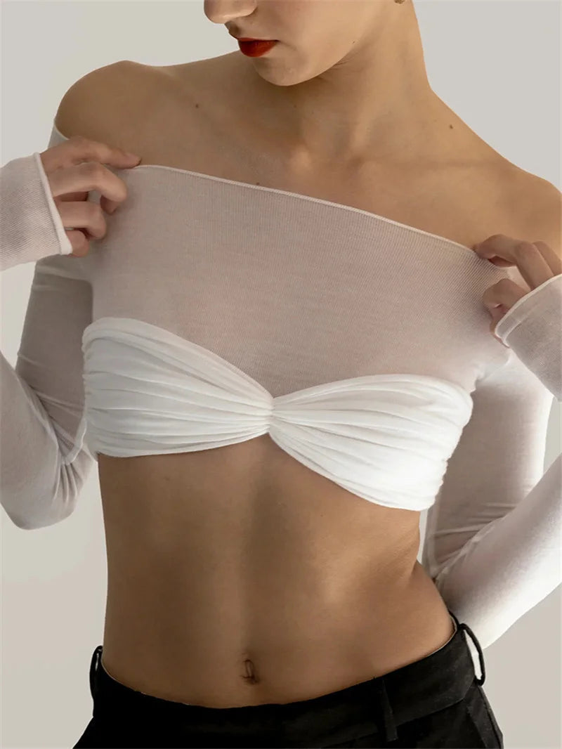 Mozision See Through Mesh Crop Top Women Pullovers Strapless Short Knit Cropped Tops Ladies Tee Shirt Sexy Off-shoulder T-shirt