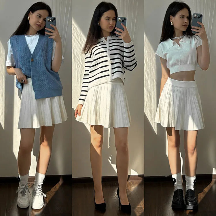 Spring Knit White Mini Pleated Skirts For Women A Line Skirt Gray High Waist Women Knitted Pleated Short Skirts Korean Fashion