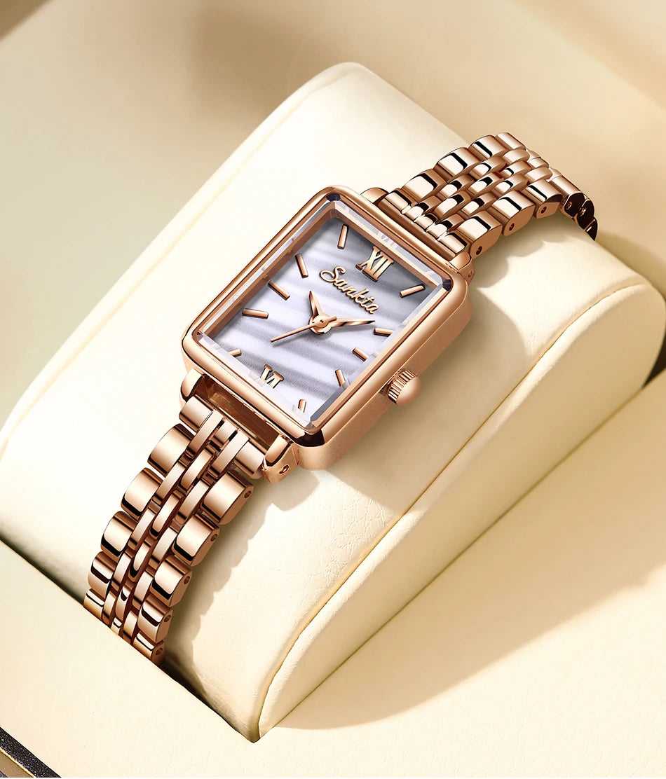 LIGE Sunkta Elegant Quartz Women Watch Simple Stainless Steel Strap Simple Square Dial Luxury Slim Fashion Casual Ladies Watches