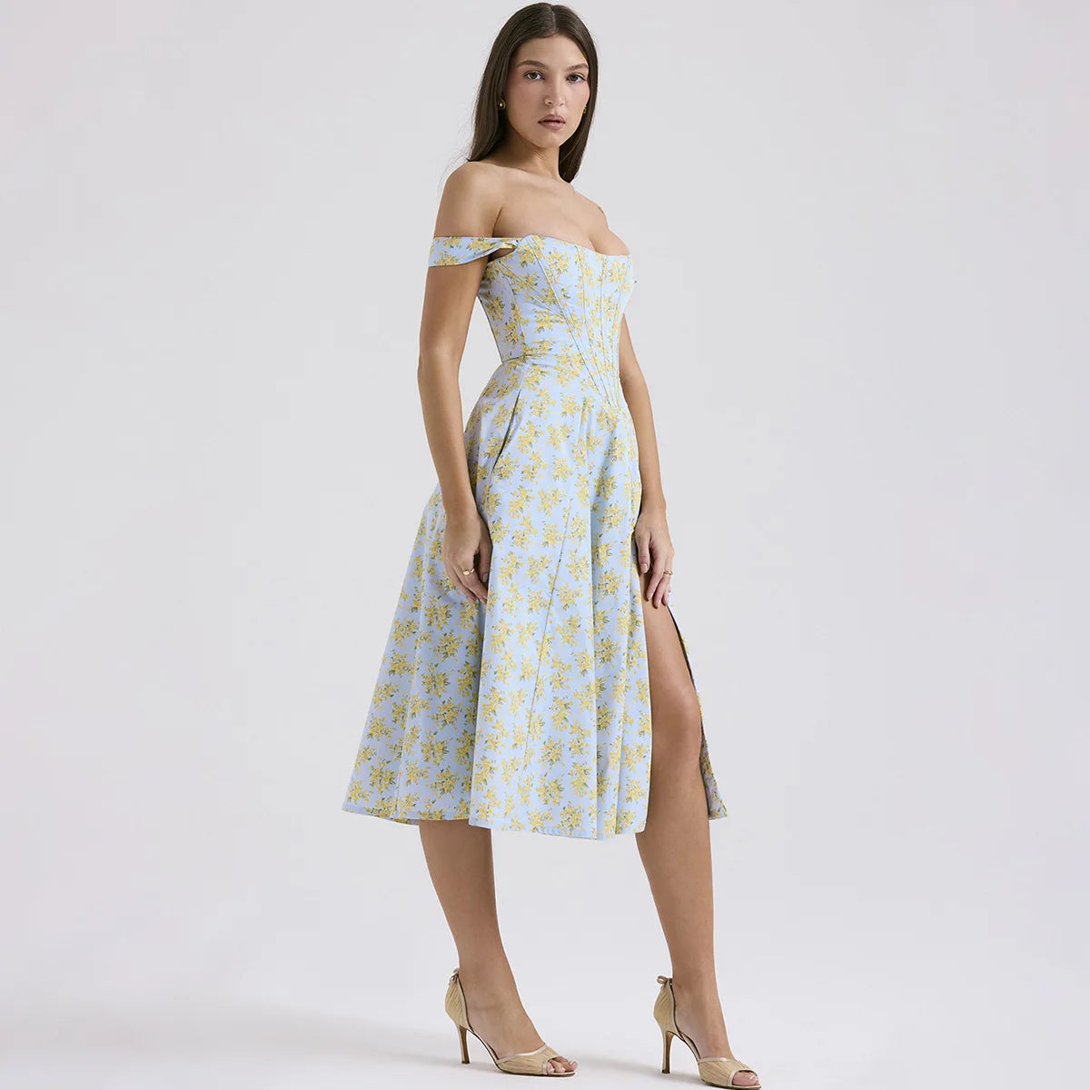 Suninheart Elegant Summer Corset Dress 2024 New Arrivals Blue Slit Flower Print Flare Dress Midi Casual Lace Up Holiday Dress
