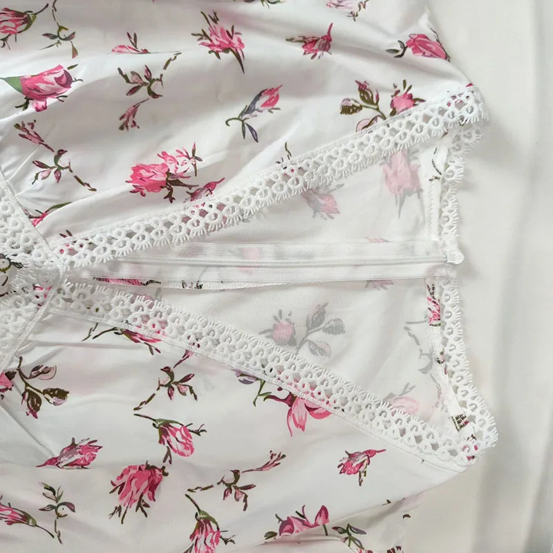 Luxury new elegant sweet print V-neck lace short long sleeve floral dress women