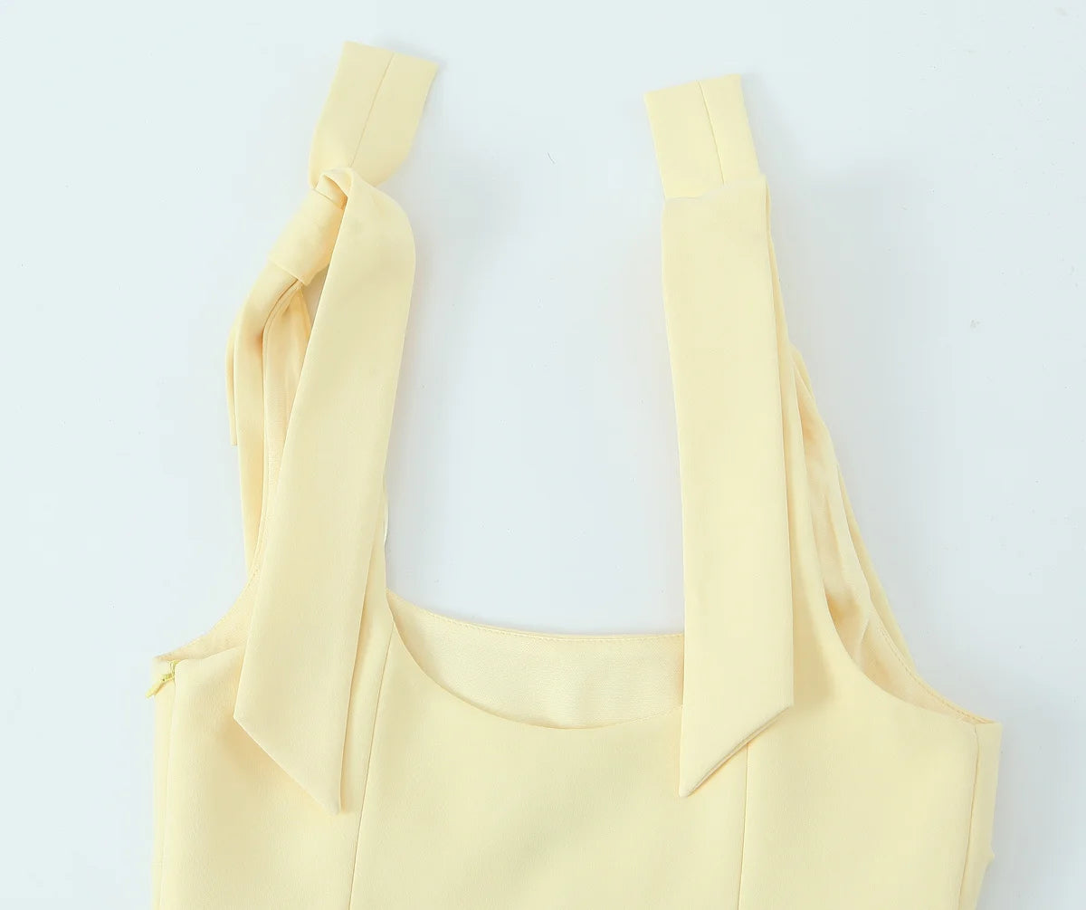 TRAFZA Summer Woman Elegant High Street Solid Side Zipper Slim Tops Women's Chic Sexy Sleeveless Bow Square Collar Sling Top