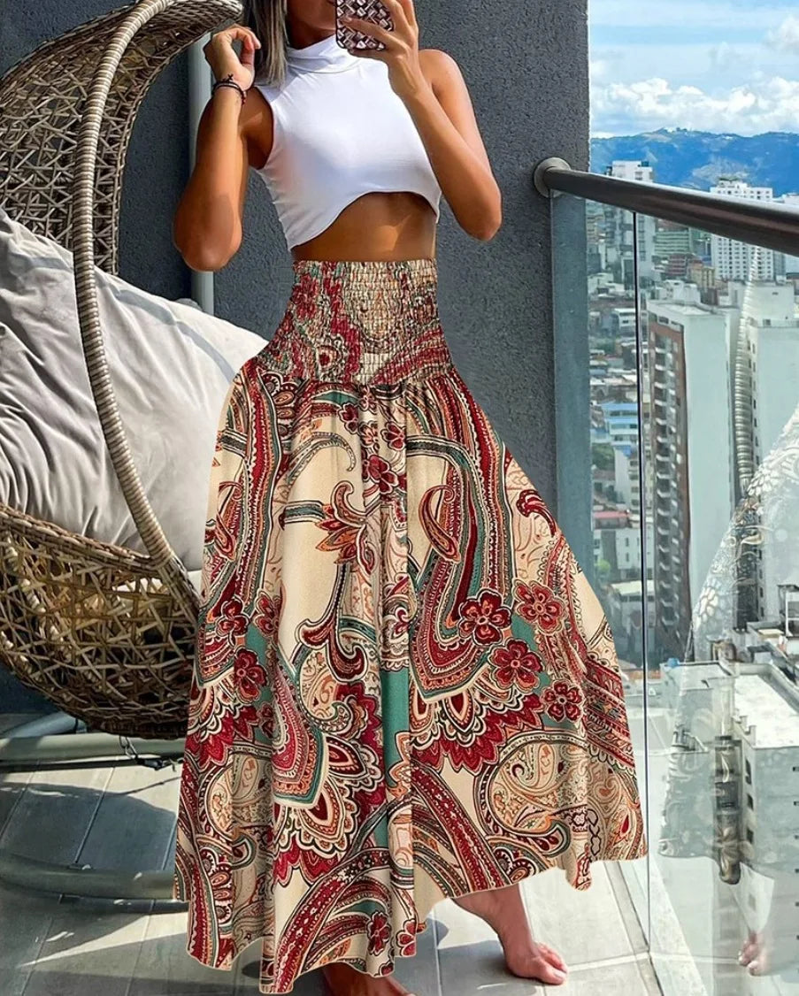 Fashion Cotton Women Floral Print Skirt Side Tie Beach Skirts Summer High Waist Wrap Flower Long Skirt