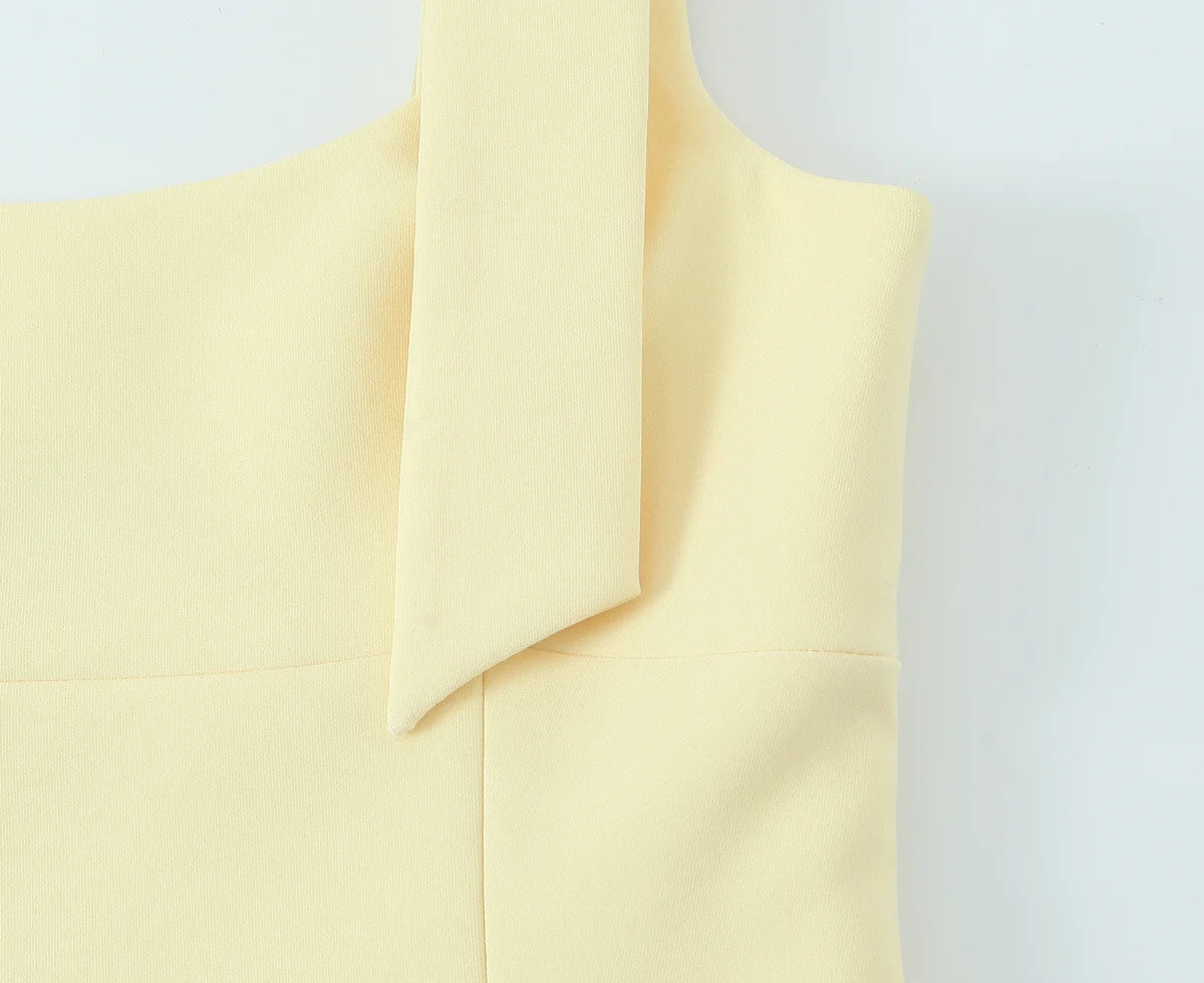 TRAFZA Summer Woman Elegant High Street Solid Side Zipper Slim Tops Women's Chic Sexy Sleeveless Bow Square Collar Sling Top