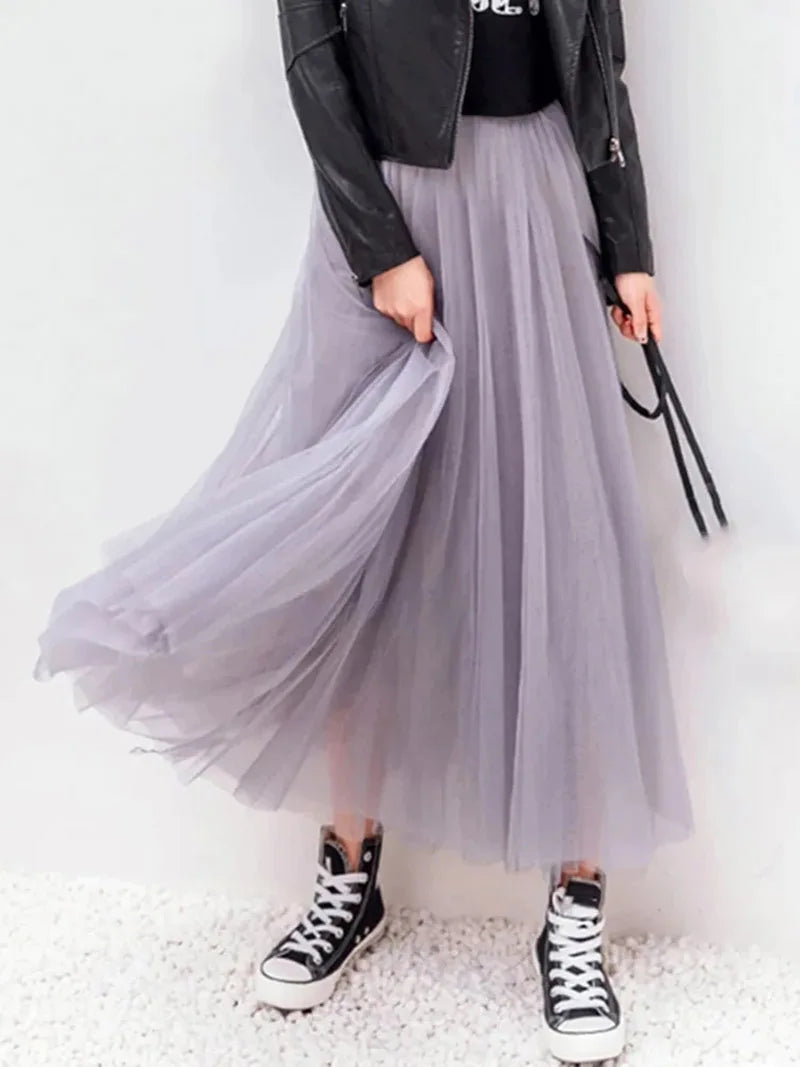 Vintage Tulle Skirt Women Streetwear Elastic High Waist Mesh Pleated Skirts Summer Elegant Korean A Line Office Ladies Skirt New