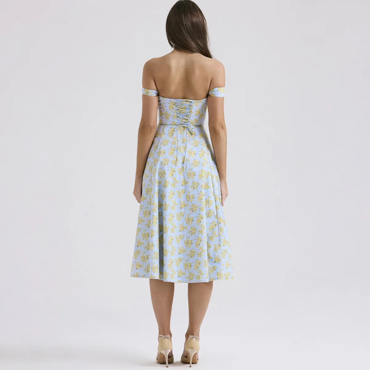 Suninheart Elegant Summer Corset Dress 2024 New Arrivals Blue Slit Flower Print Flare Dress Midi Casual Lace Up Holiday Dress