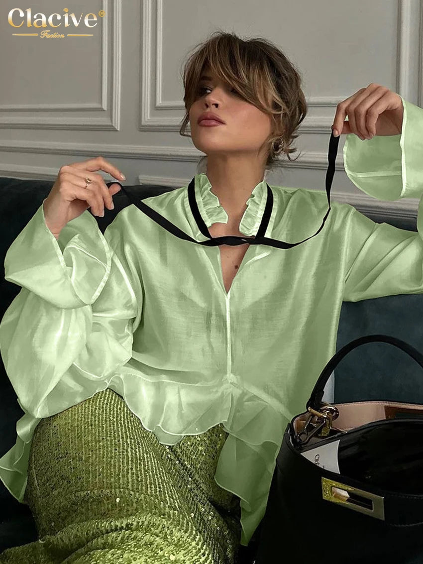 Clacive Sexy Loose White Women'S Shirt 2024 Fashion Ruffle Collar Long Sleeve Blouses Elegant See Through Top Female Clothing