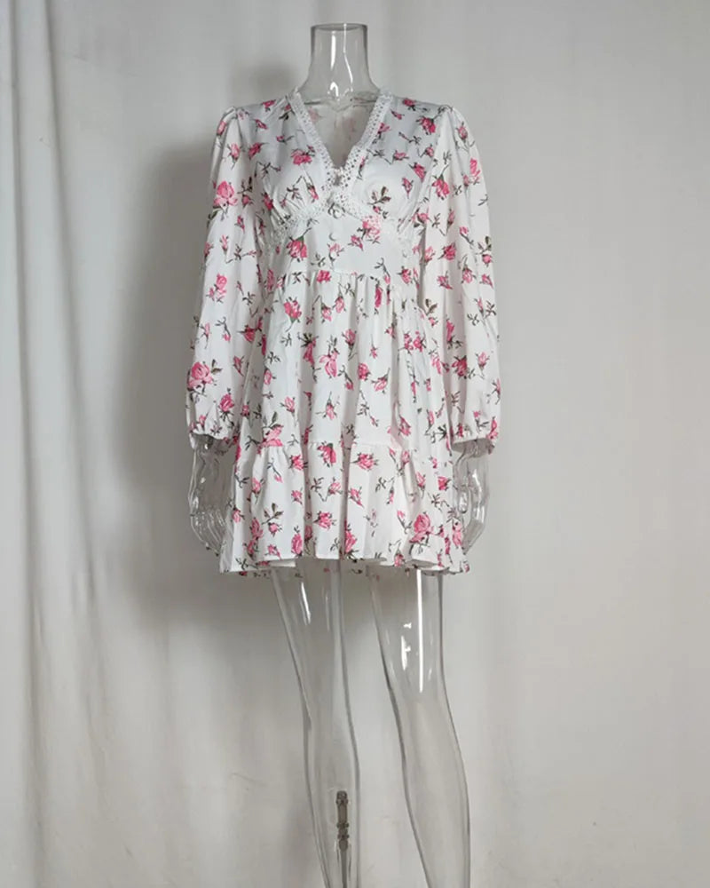 Luxury new elegant sweet print V-neck lace short long sleeve floral dress women