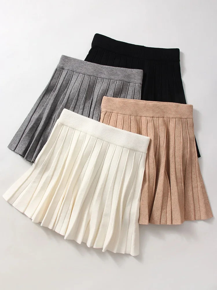Spring Knit White Mini Pleated Skirts For Women A Line Skirt Gray High Waist Women Knitted Pleated Short Skirts Korean Fashion