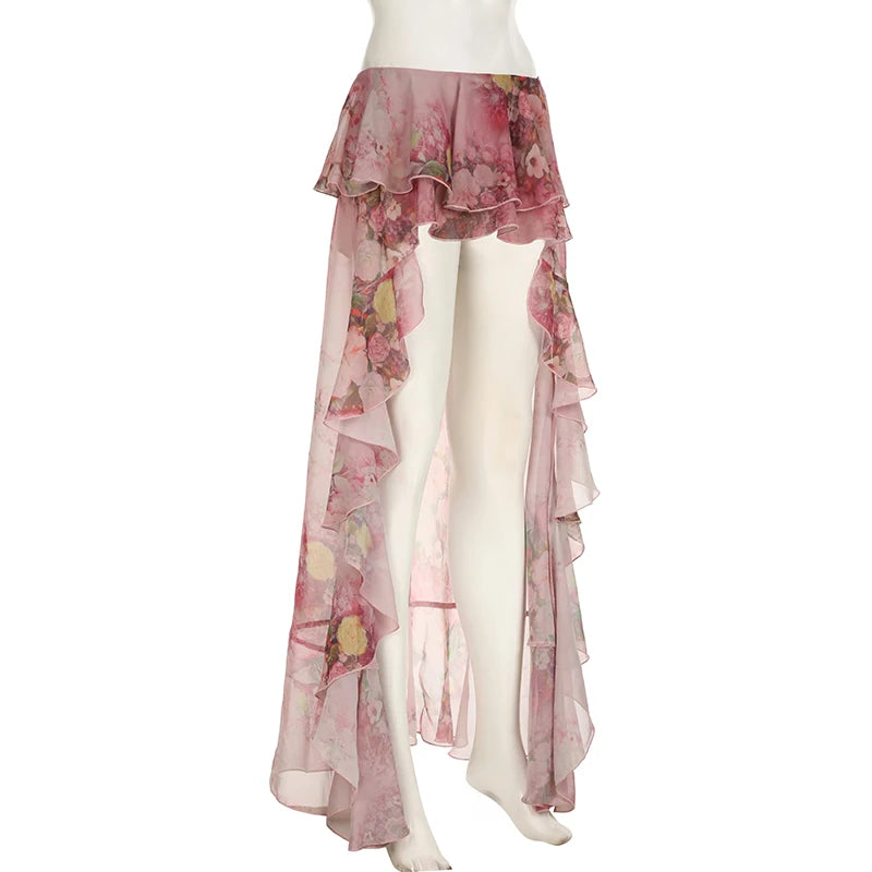 BIIKPIIK Vacation Ruffles Skirts Fashion Floral Print Vintage Elegant Women Skirts Designed Semi-perspective Sexy Holiday Bottom