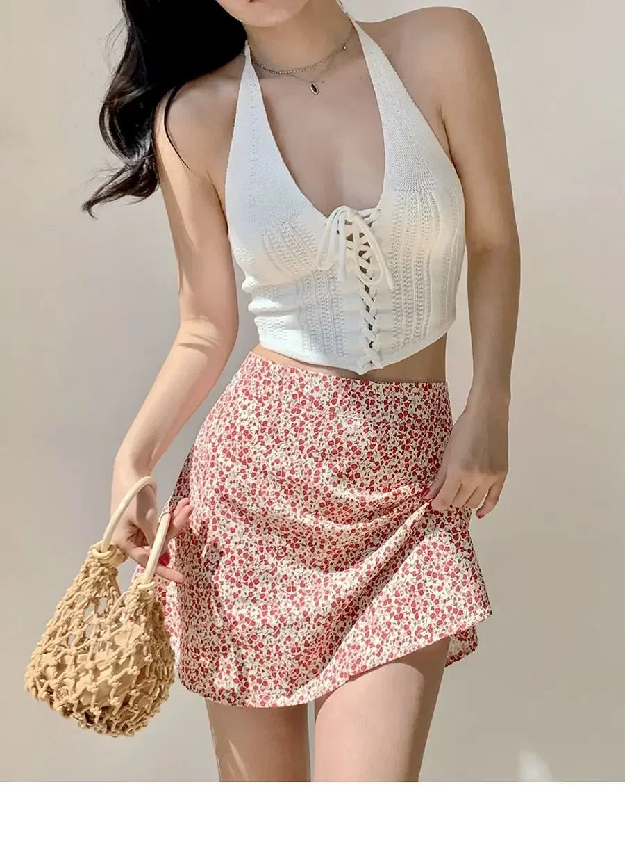 Retro French Girl Floral Skirt Summer Large Size High Waist Long Legs A-line Skirt Popular Vacation Short Skirt Umbrella Skirt