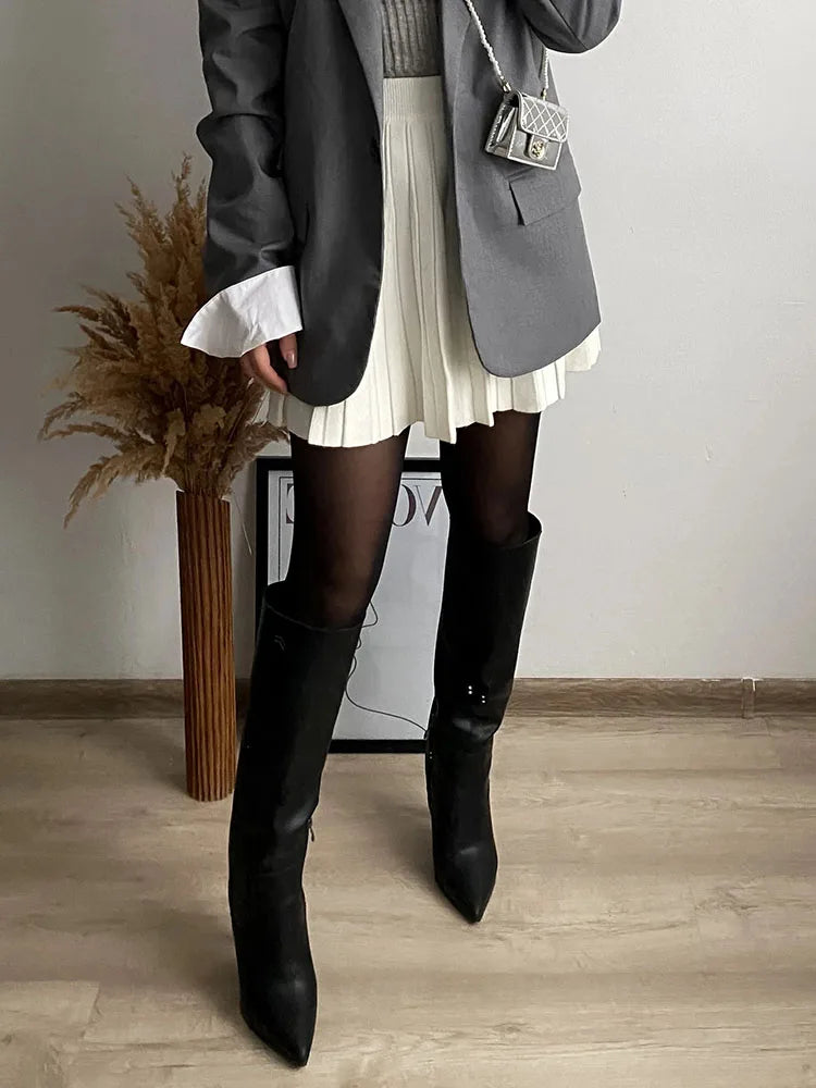 Spring Knit White Mini Pleated Skirts For Women A Line Skirt Gray High Waist Women Knitted Pleated Short Skirts Korean Fashion