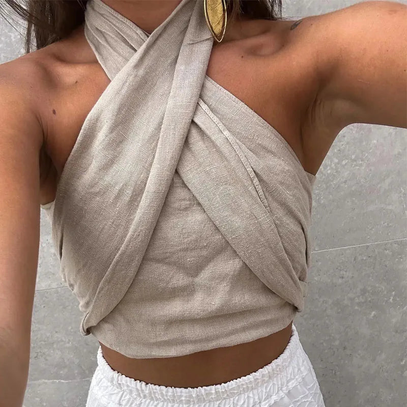 TRAF Linen Halter Top Summer Tops For Women 2023 Crop Backless Sleeveless Sexy Top Designer Female's Elegant Fashion Top Trend