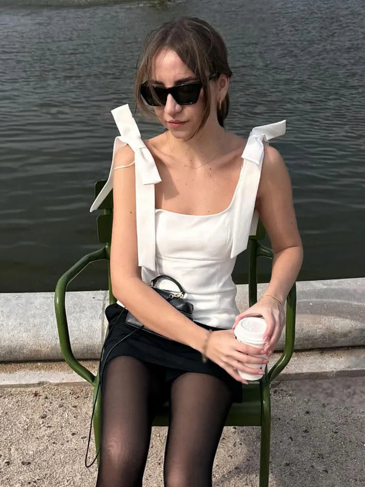 TRAFZA Summer Woman Elegant High Street Solid Side Zipper Slim Tops Women's Chic Sexy Sleeveless Bow Square Collar Sling Top