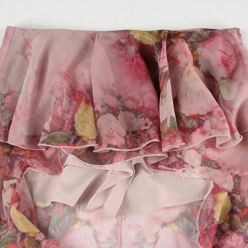 BIIKPIIK Vacation Ruffles Skirts Fashion Floral Print Vintage Elegant Women Skirts Designed Semi-perspective Sexy Holiday Bottom