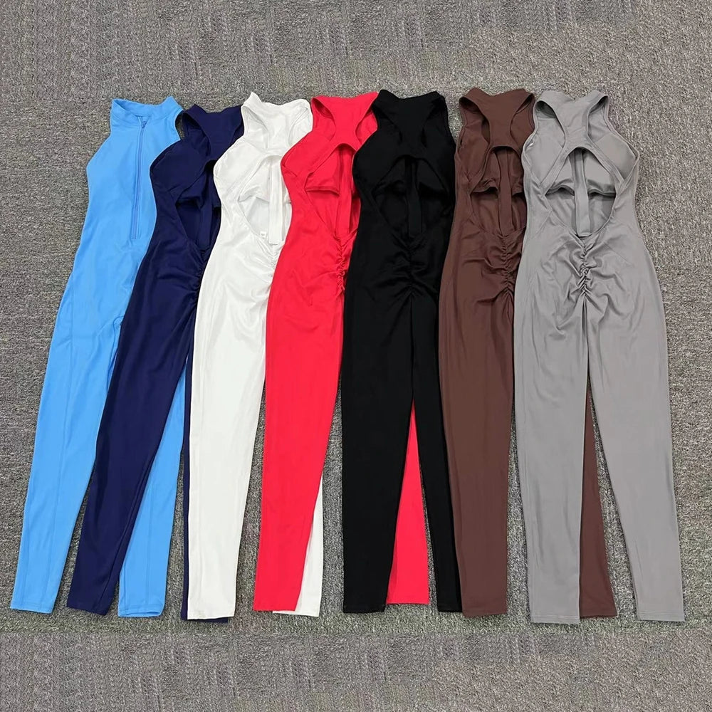2025 Pad Deep V Women Tracksuit Yoga Set One Piece Jumpsuit Workout Scrunch Legging Sport Gym Active Suit Exercise Wear XP301