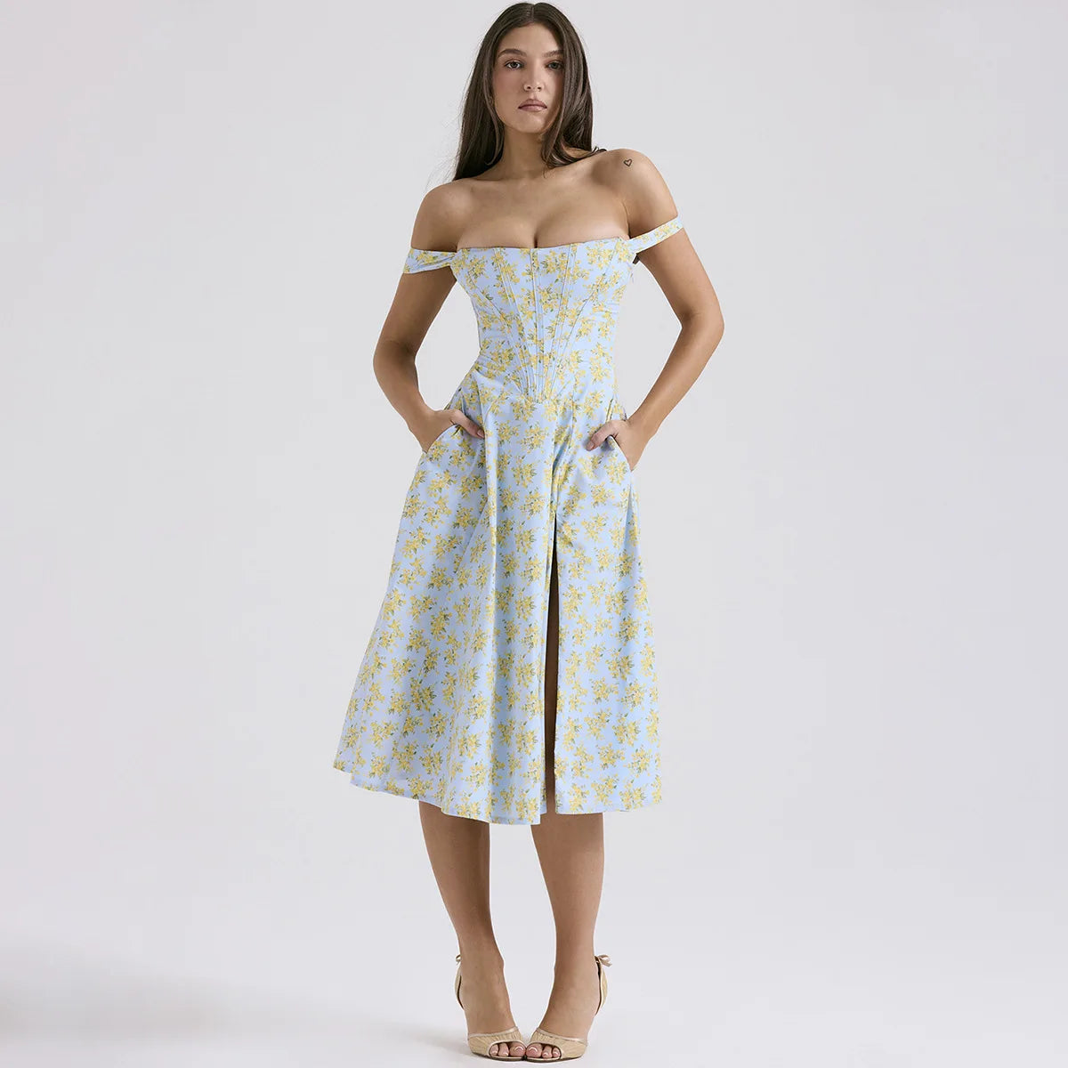 Suninheart Elegant Summer Corset Dress 2024 New Arrivals Blue Slit Flower Print Flare Dress Midi Casual Lace Up Holiday Dress
