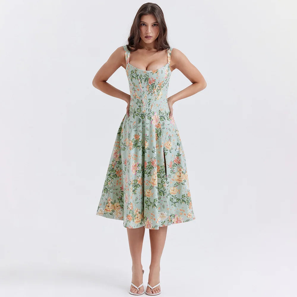 Suninheart Elegant Summer Corset Dress 2024 New Arrivals Blue Slit Flower Print Flare Dress Midi Casual Lace Up Holiday Dress