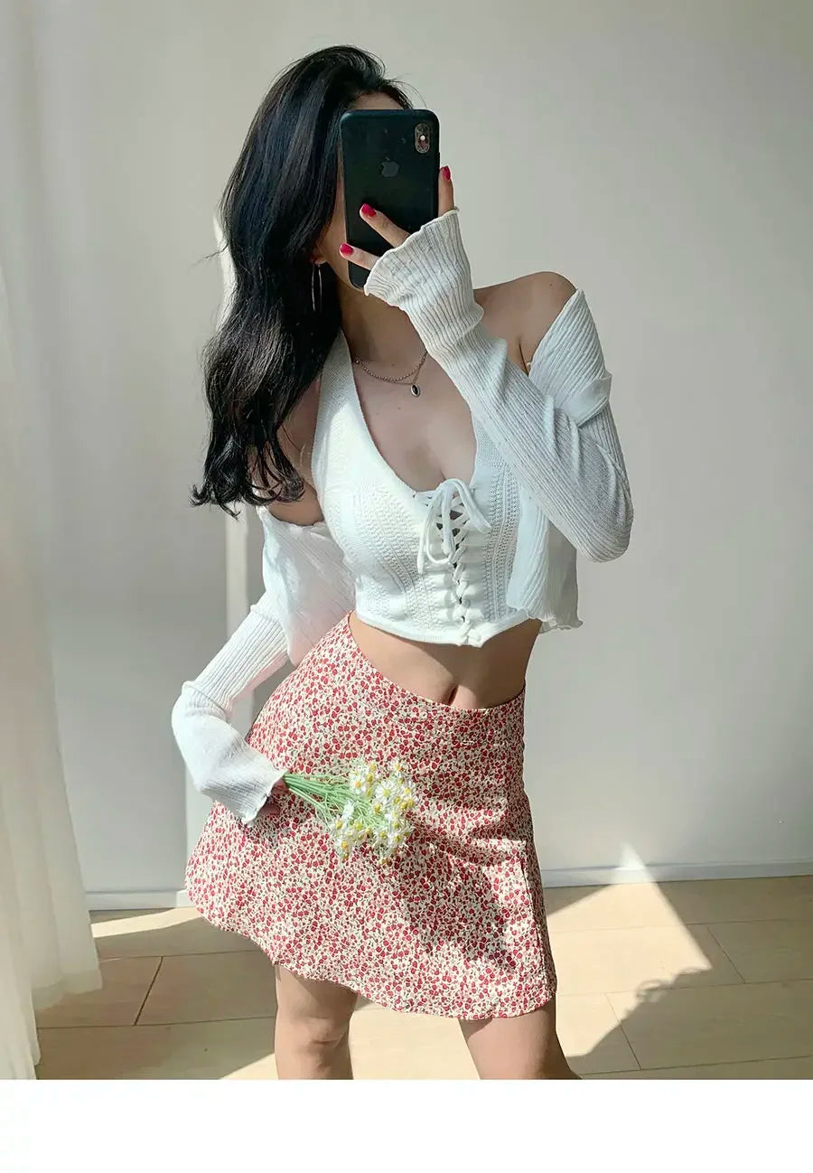 Retro French Girl Floral Skirt Summer Large Size High Waist Long Legs A-line Skirt Popular Vacation Short Skirt Umbrella Skirt