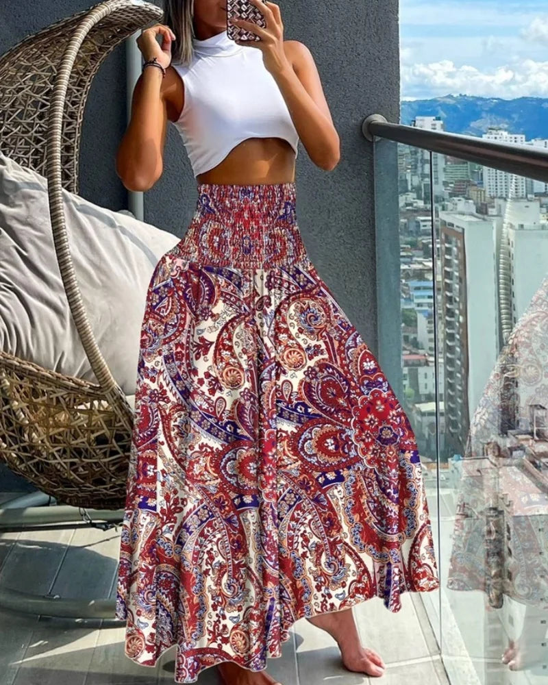 Fashion Cotton Women Floral Print Skirt Side Tie Beach Skirts Summer High Waist Wrap Flower Long Skirt
