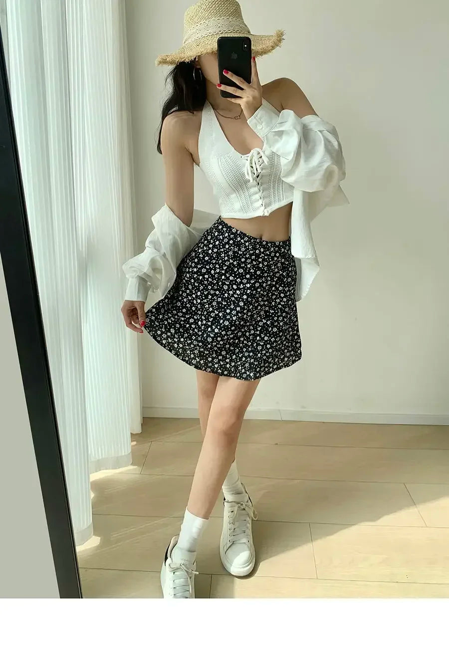 Retro French Girl Floral Skirt Summer Large Size High Waist Long Legs A-line Skirt Popular Vacation Short Skirt Umbrella Skirt
