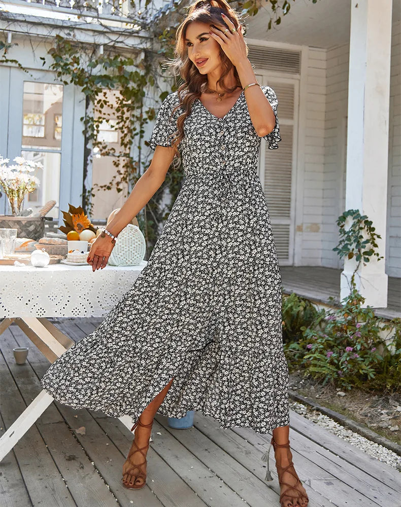 Vintage Floral Dresses for Women Elegant Loose New Slit Dress Summer Beach Holiday Leisure Long Dresses High Waist Print Vestido