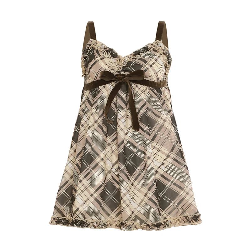 IAMHOTTY Plaid Print Camisole Vintage Contrast Color Tie-up Bow A-line Crop Top Y2K Aesthetic V-neck Corset Cute Holiday Outfits