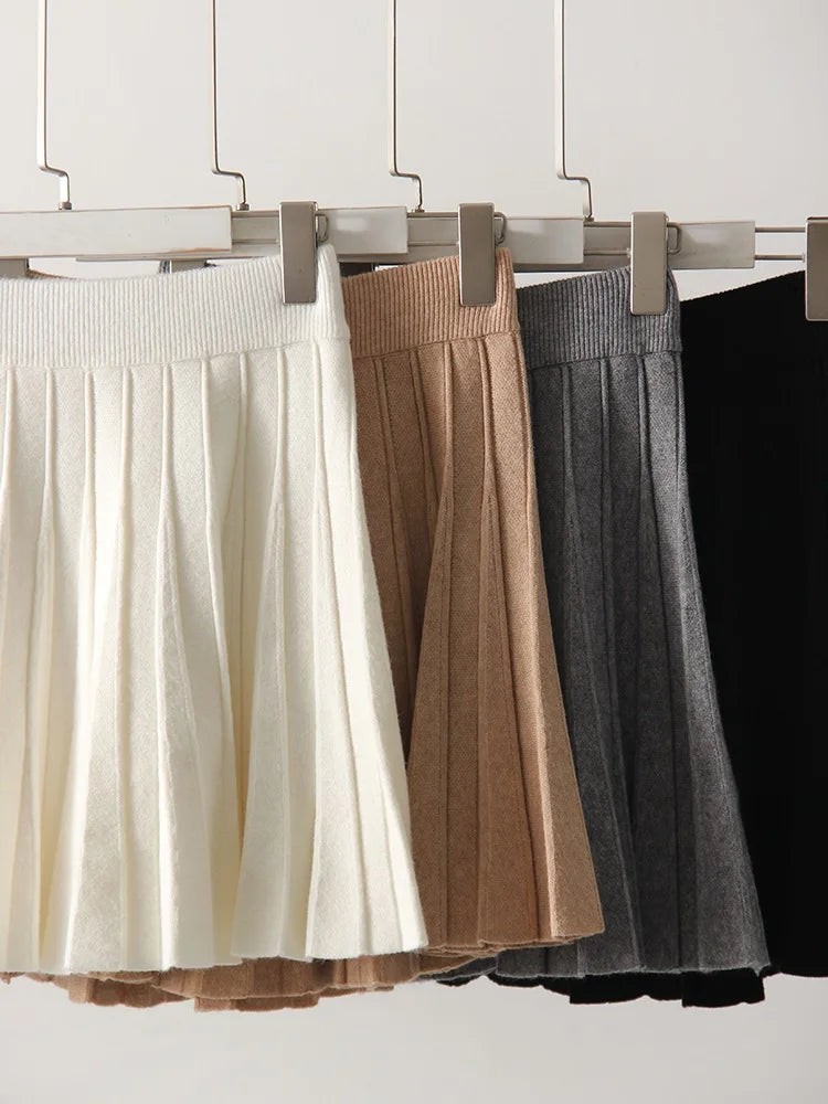 Spring Knit White Mini Pleated Skirts For Women A Line Skirt Gray High Waist Women Knitted Pleated Short Skirts Korean Fashion