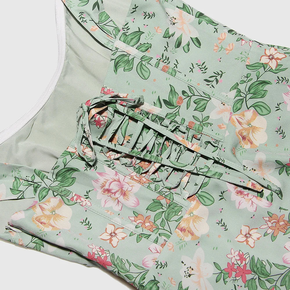 Suninheart Elegant Summer Corset Dress 2024 New Arrivals Blue Slit Flower Print Flare Dress Midi Casual Lace Up Holiday Dress