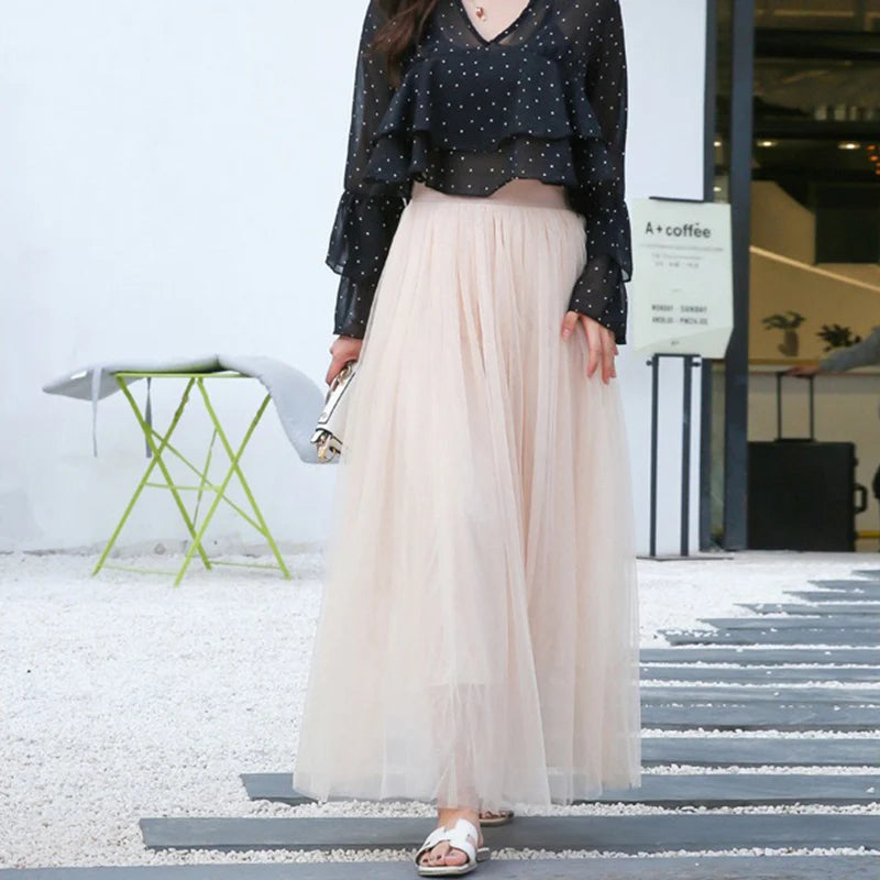 Vintage Tulle Skirt Women Streetwear Elastic High Waist Mesh Pleated Skirts Summer Elegant Korean A Line Office Ladies Skirt New