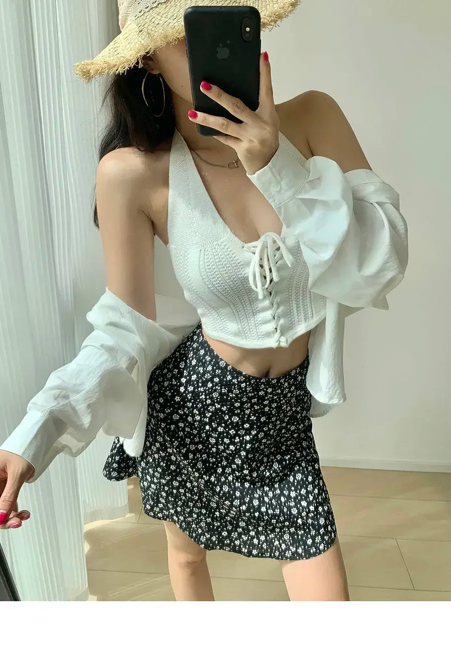 Retro French Girl Floral Skirt Summer Large Size High Waist Long Legs A-line Skirt Popular Vacation Short Skirt Umbrella Skirt