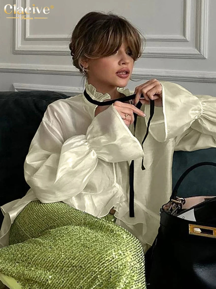 Clacive Sexy Loose White Women'S Shirt 2024 Fashion Ruffle Collar Long Sleeve Blouses Elegant See Through Top Female Clothing