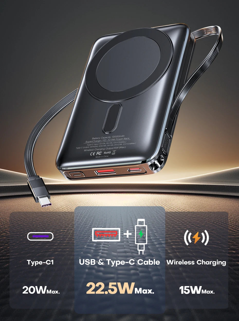 TUODES 22.5W 10000mAh Power Bank Wireless Magnetic Fast Charging Foldable Stand External Battery For iPhone 16 15 For Magsafe