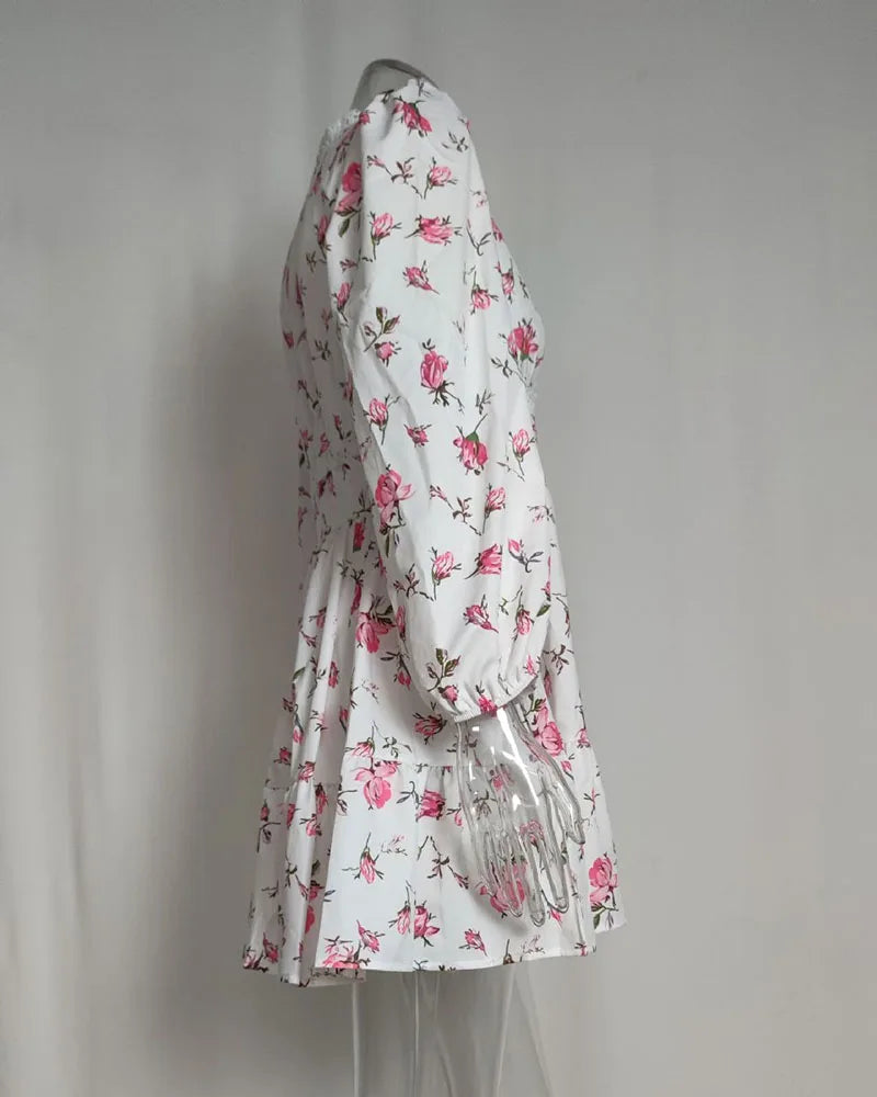 Luxury new elegant sweet print V-neck lace short long sleeve floral dress women