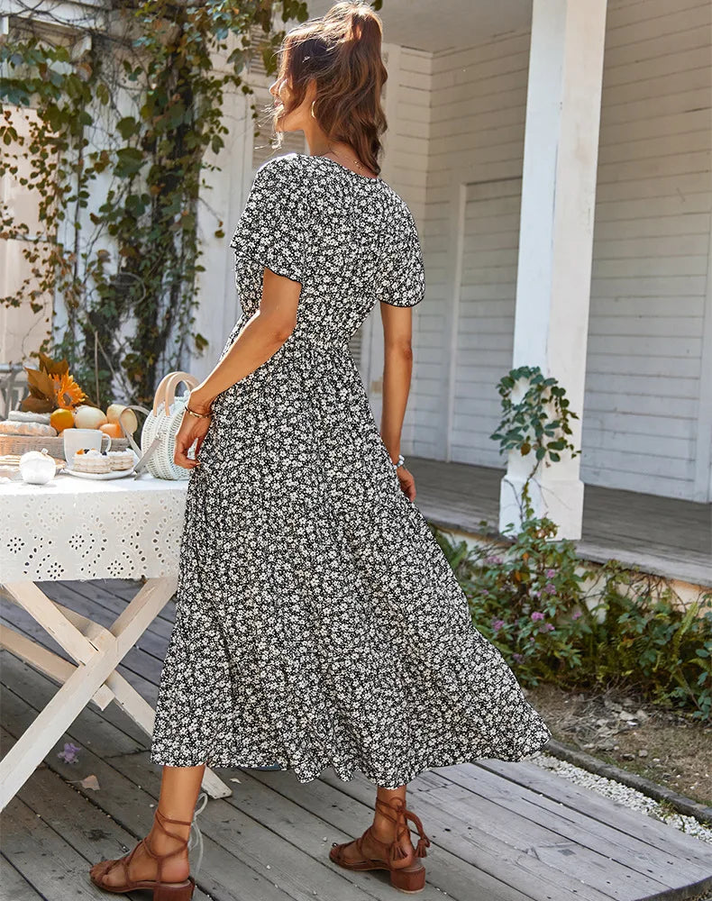 Vintage Floral Dresses for Women Elegant Loose New Slit Dress Summer Beach Holiday Leisure Long Dresses High Waist Print Vestido