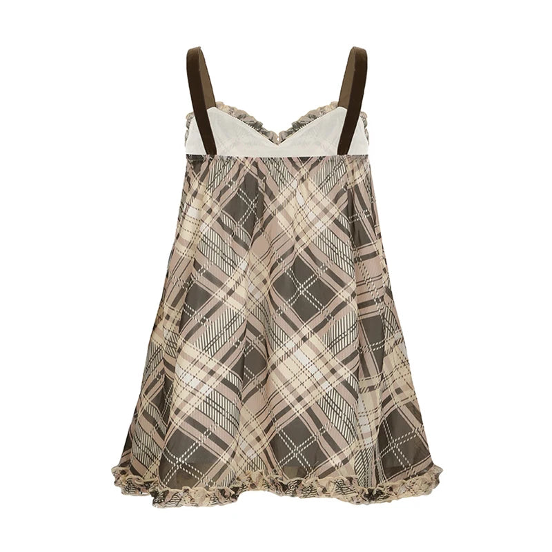 IAMHOTTY Plaid Print Camisole Vintage Contrast Color Tie-up Bow A-line Crop Top Y2K Aesthetic V-neck Corset Cute Holiday Outfits